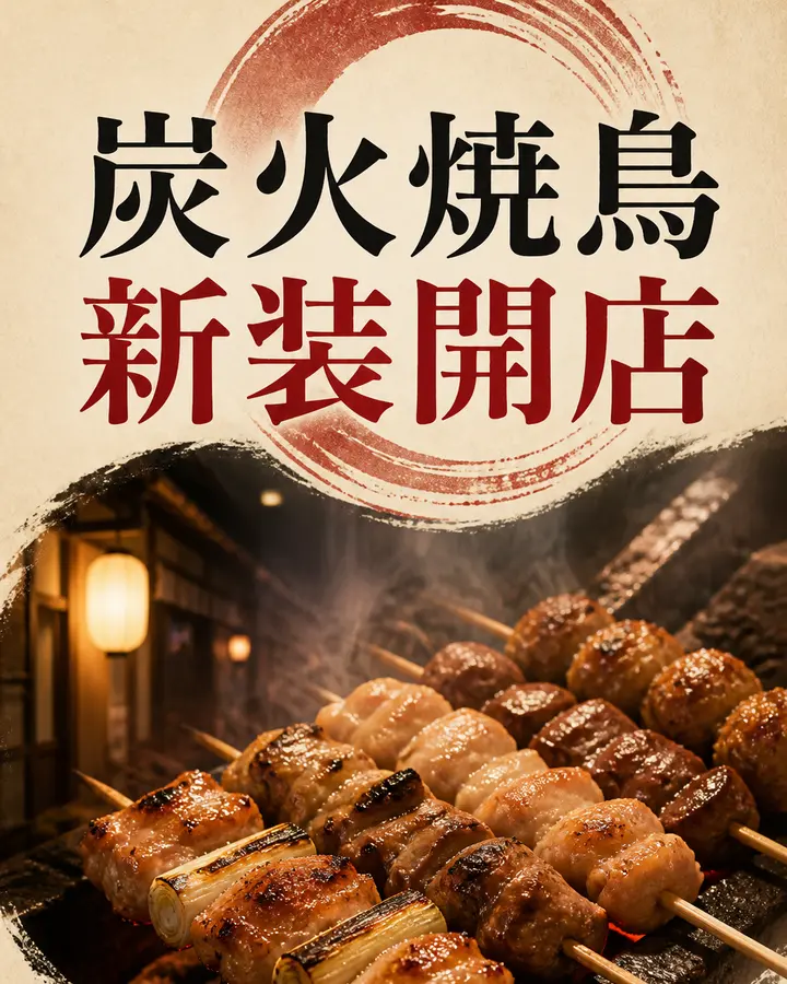 炭火焼鳥店の新装開店ポスター