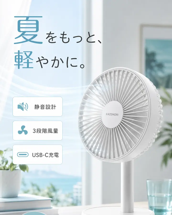 夏の静音コードレスファン販促画像