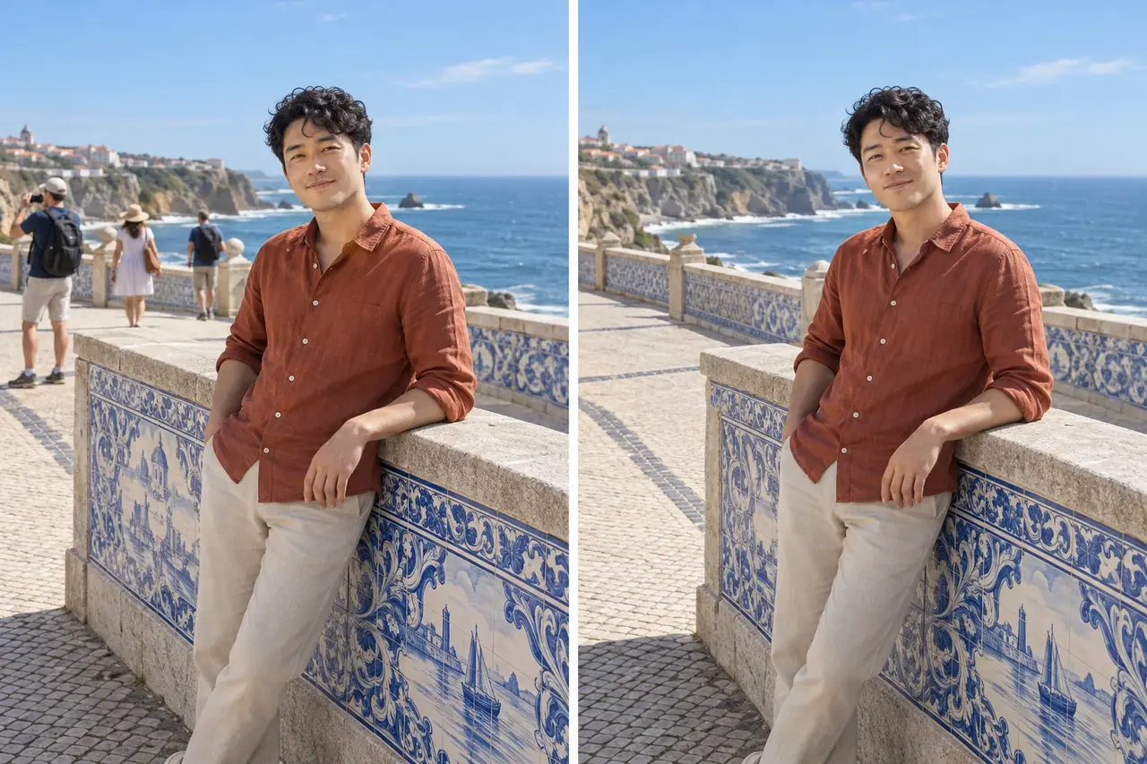 Side-by-side example of removing background tourists from a portrait of a man beside a tiled seaside railing