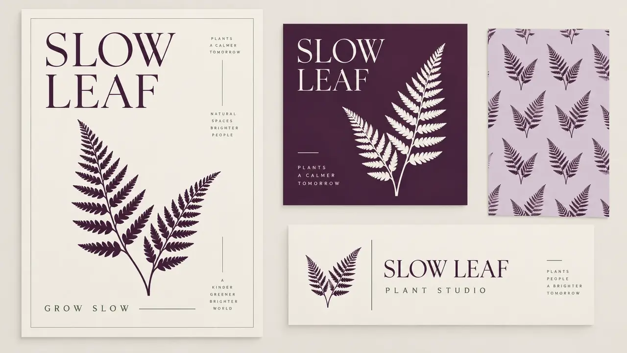 SLOW LEAF 植物工作室的海報、方形貼文、橫式卡片和重複蕨葉圖樣版面示意