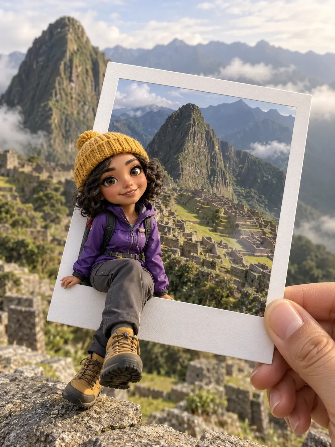 A female hiking figurine in a yellow hat and purple outfit sitting out of a handheld Polaroid in front of Machu Picchu