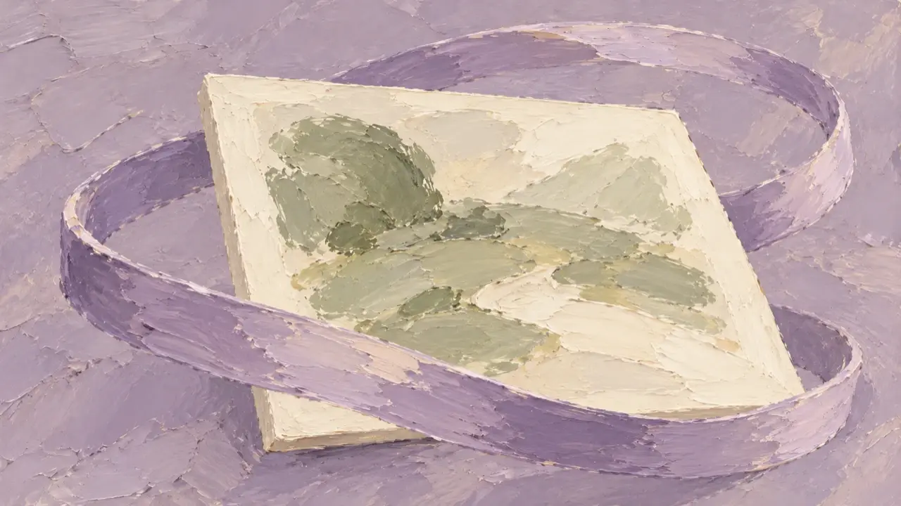 Peinture à l’huile aux touches lavande autour d’une toile simplifiée, évoquant la vérification et la révision