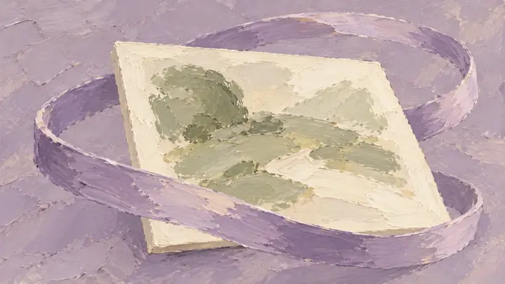 薰衣草紫色笔触环绕一幅简化画布的油画,表现回看与修改