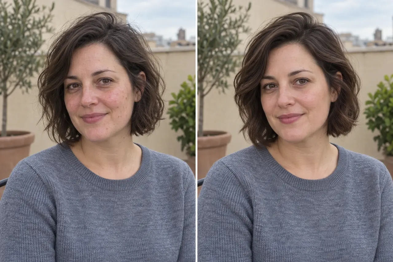 Side-by-side example of refining a woman’s hairstyle, complexion, and skin details in a terrace portrait