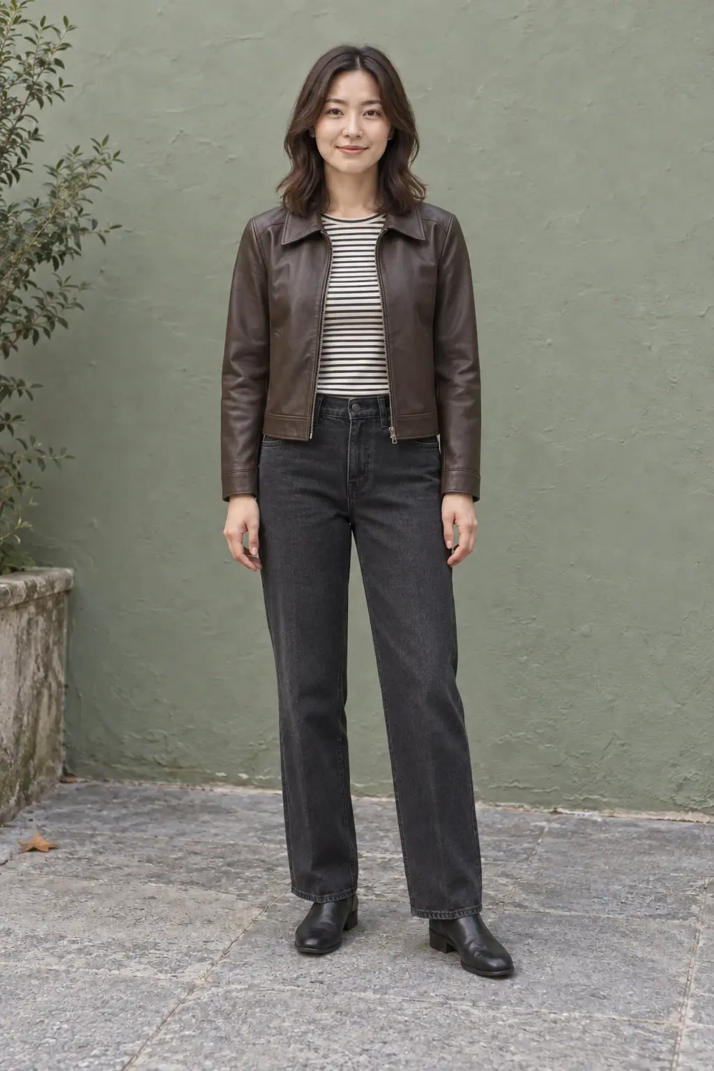 The same person in a short dark brown jacket, a black-and-white striped top, and dark straight-leg jeans