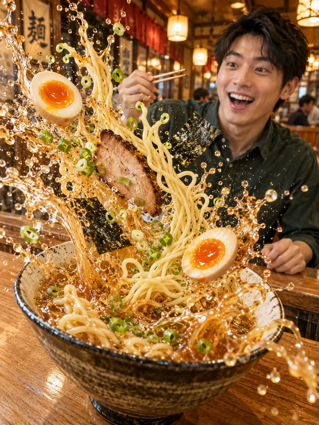Noodles, broth, and toppings bursting toward the camera in front of a man in a ramen shop, with a high-speed freeze-frame effect