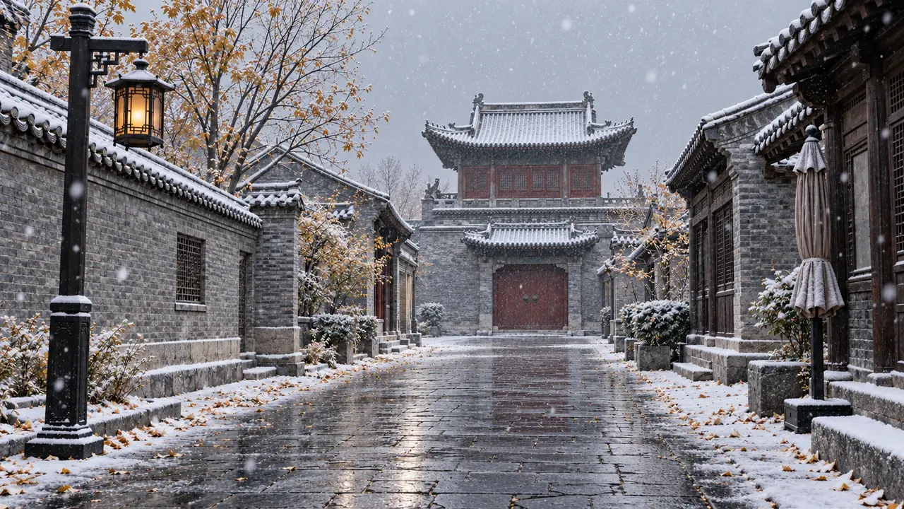 同一街景加入落雪、屋簷薄雪與濕街面反光,建築和機位保持一致