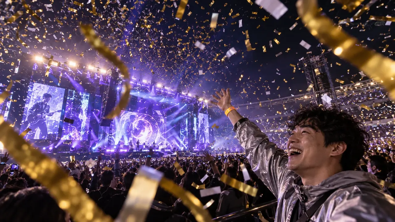 A man in a silver-gray jacket raising an orange wristband in front of a purple-blue stage as gold and white confetti falls