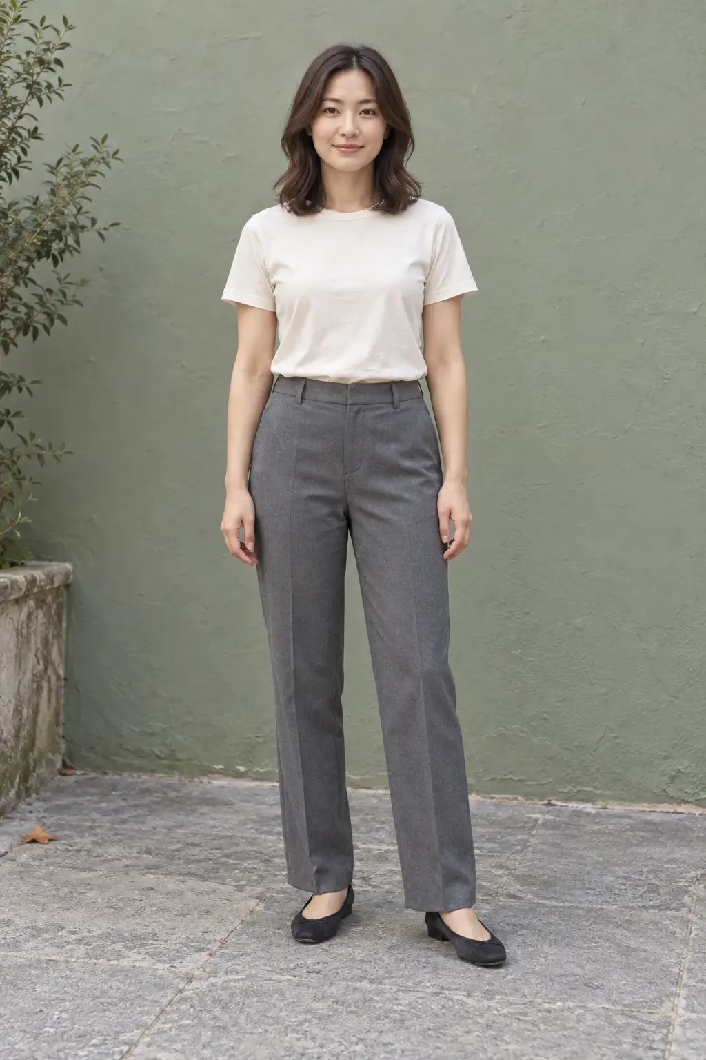 Full-body styling input with an ivory top and gray pants
