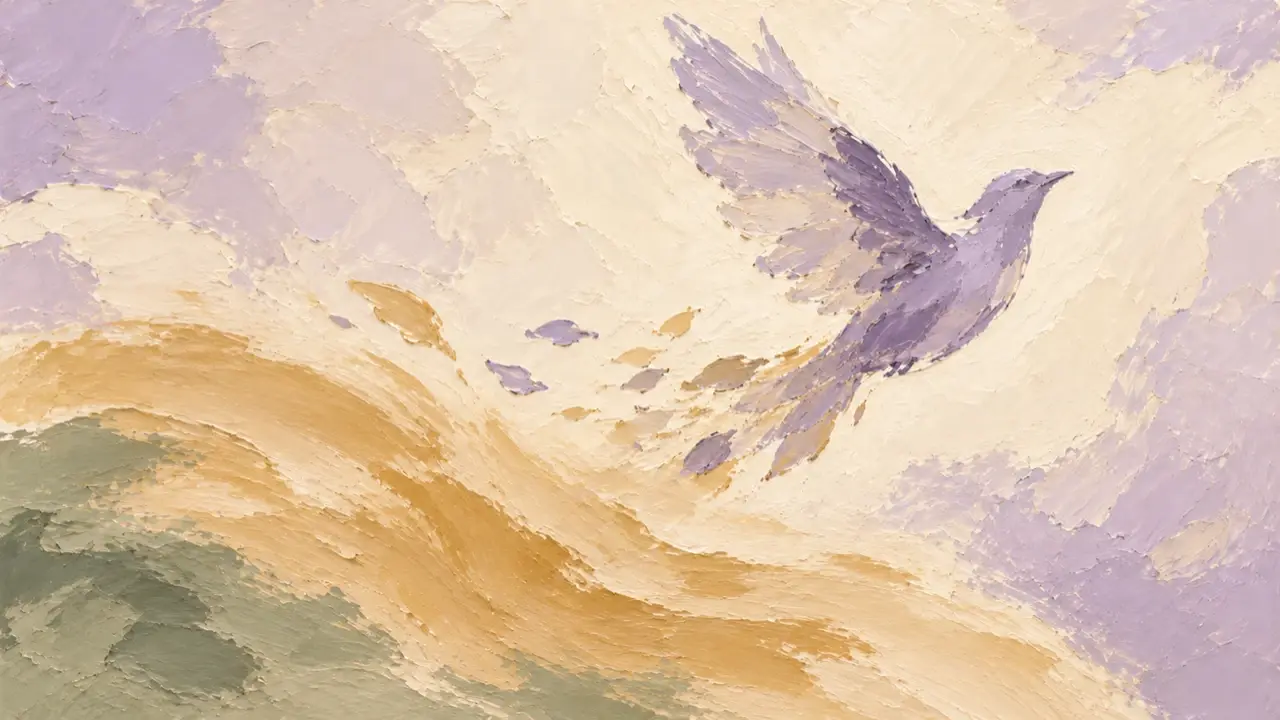 In cremefarbenen und hellvioletten pastosen Ölfarben erhebt sich eine violette Vogelform über einem breiten ockerfarbenen Pinselstrich.