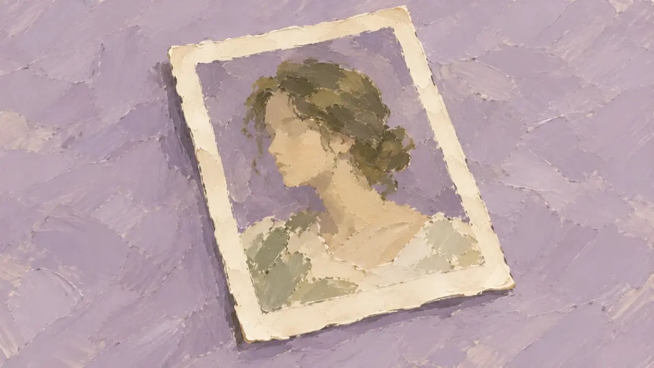 A vintage profile portrait with a creamy white border against a lavender oil-painted background.