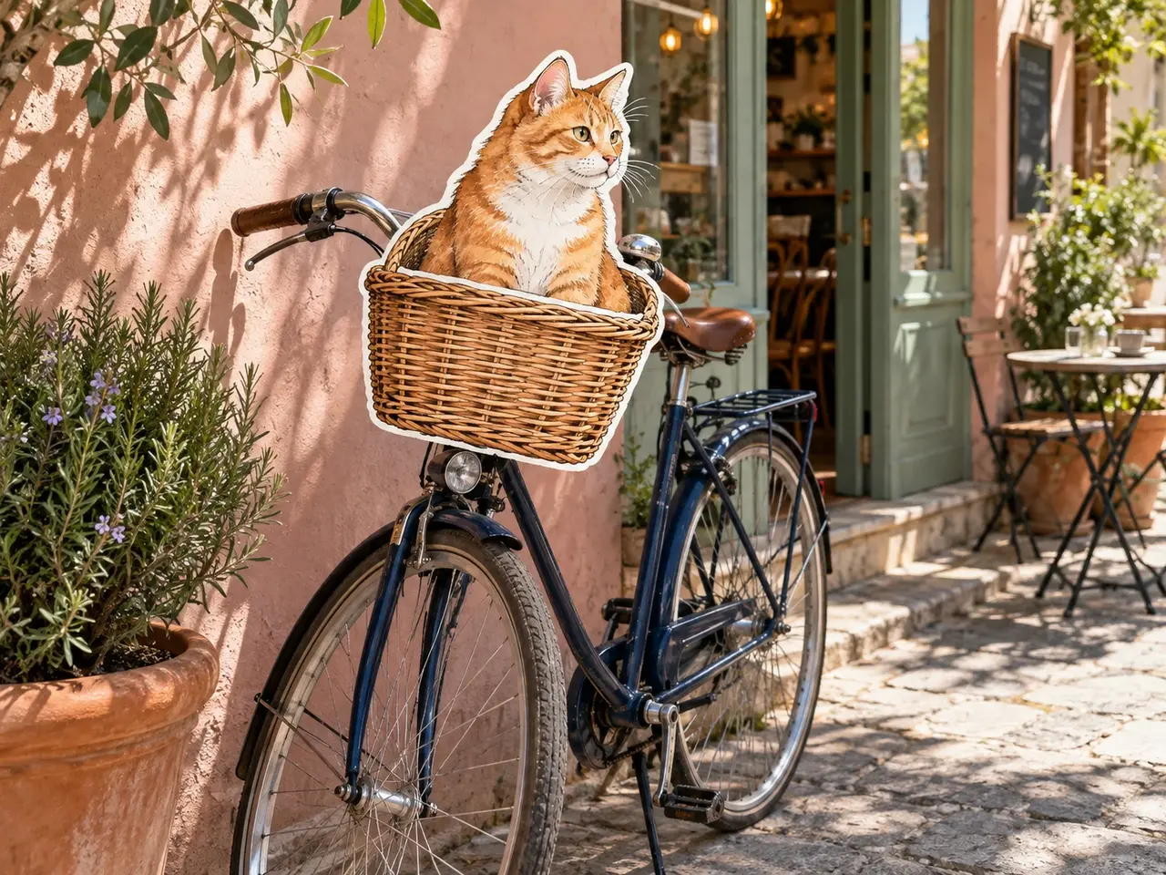 An orange cat and wicker bicycle basket turned into hand-drawn white-bordered stickers, with the café and bicycle remaining photographic