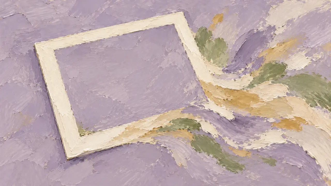 Cream-colored picture-frame outlines unfold into broad ochre and sage-green brushstrokes against a lavender oil-painted background.