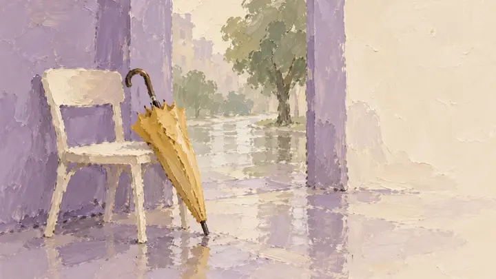 淡紫色门框与奶油白椅子旁的一把赭黄色合拢雨伞,门外是朦胧雨景