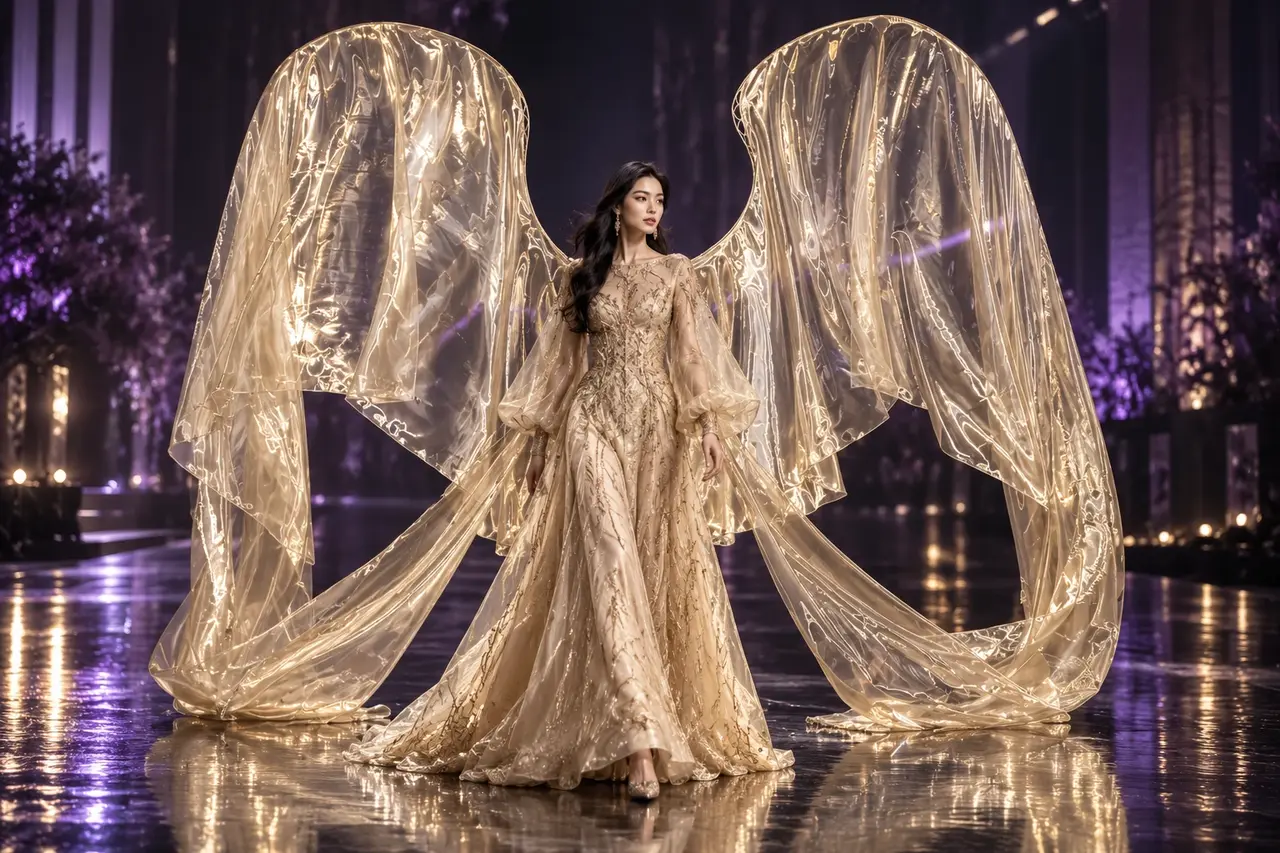 A champagne-gold embroidered gown and giant gilded organza wings, fully spread in purple runway lighting
