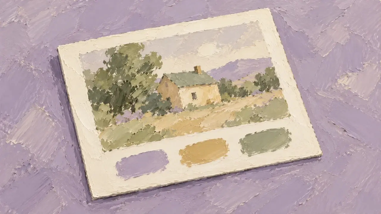 Tarjeta de recuerdo pintada al óleo sobre un fondo lila claro, con una casa rural y tres muestras de color debajo