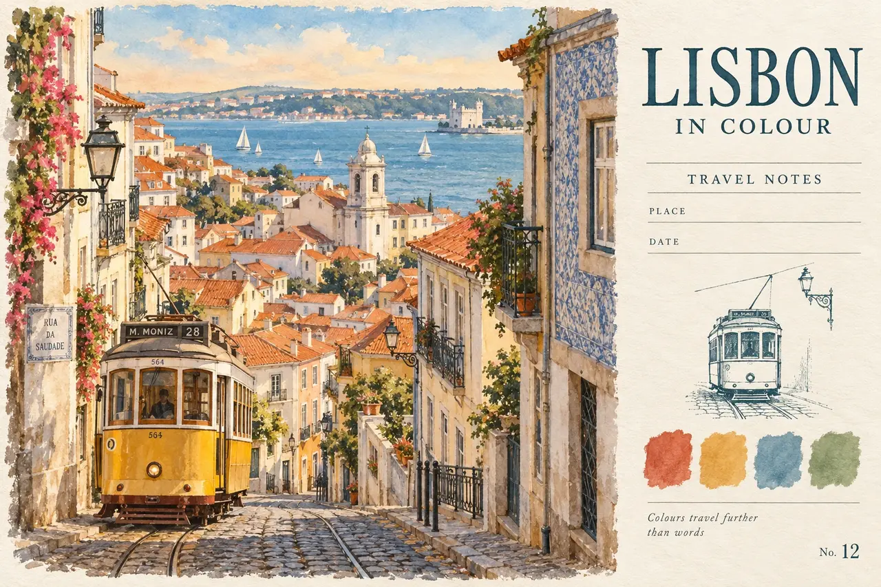 Watercolor postcard of Lisbon’s yellow tram and red rooftops, with an English title and color swatches on the right