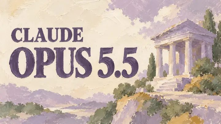 奶油色与浅紫色油画封面上写有 CLAUDE 和 OPUS 5.5,右侧是一座古典神庙