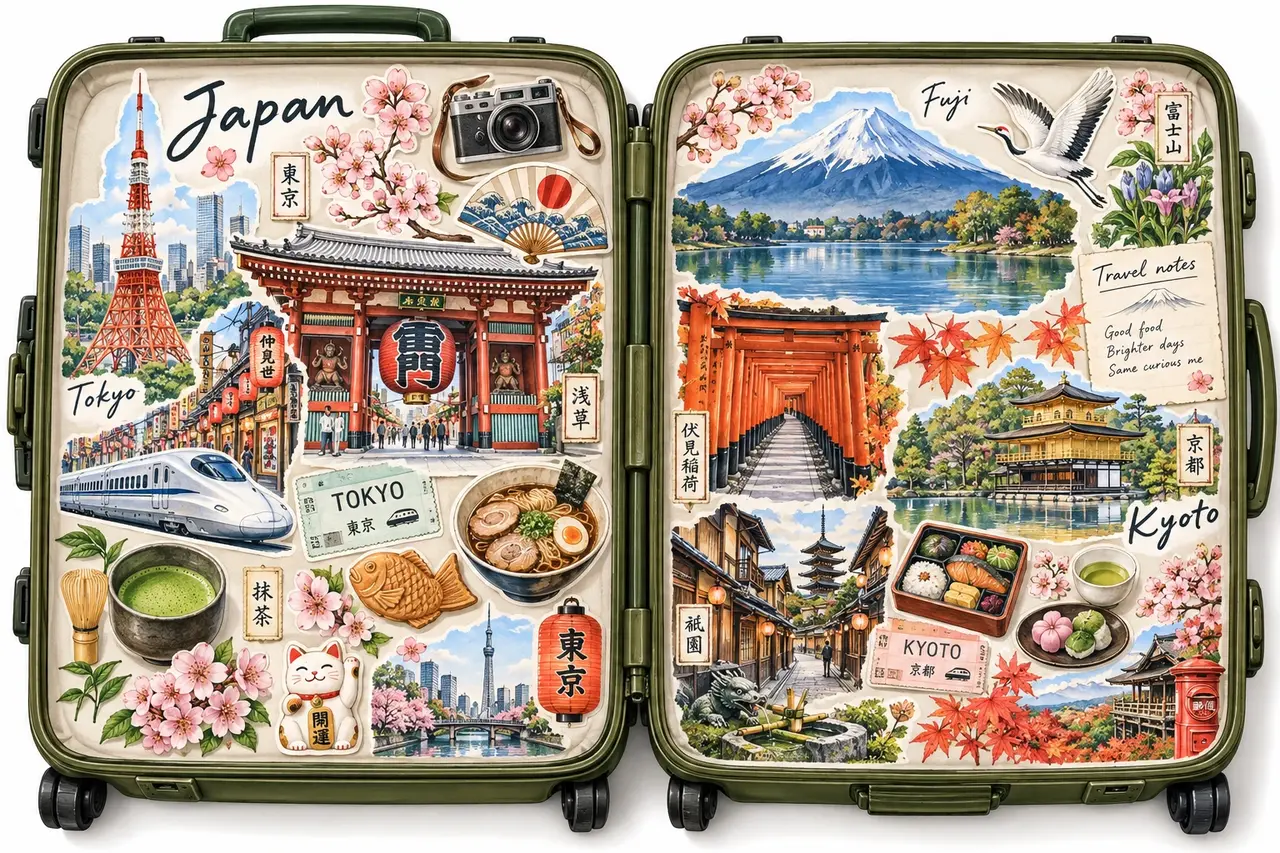 An olive-green suitcase opened horizontally and filled with a detailed sticker collage of Japanese landmarks, food, trains, and plants