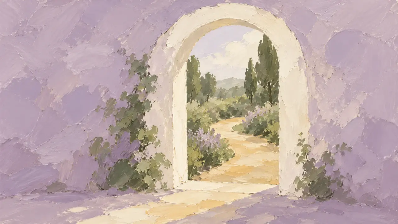 Des arches crème ouvrent sur un jardin vert grisé et un chemin ocre, dans un espace dégagé aux touches d’huile mauves.