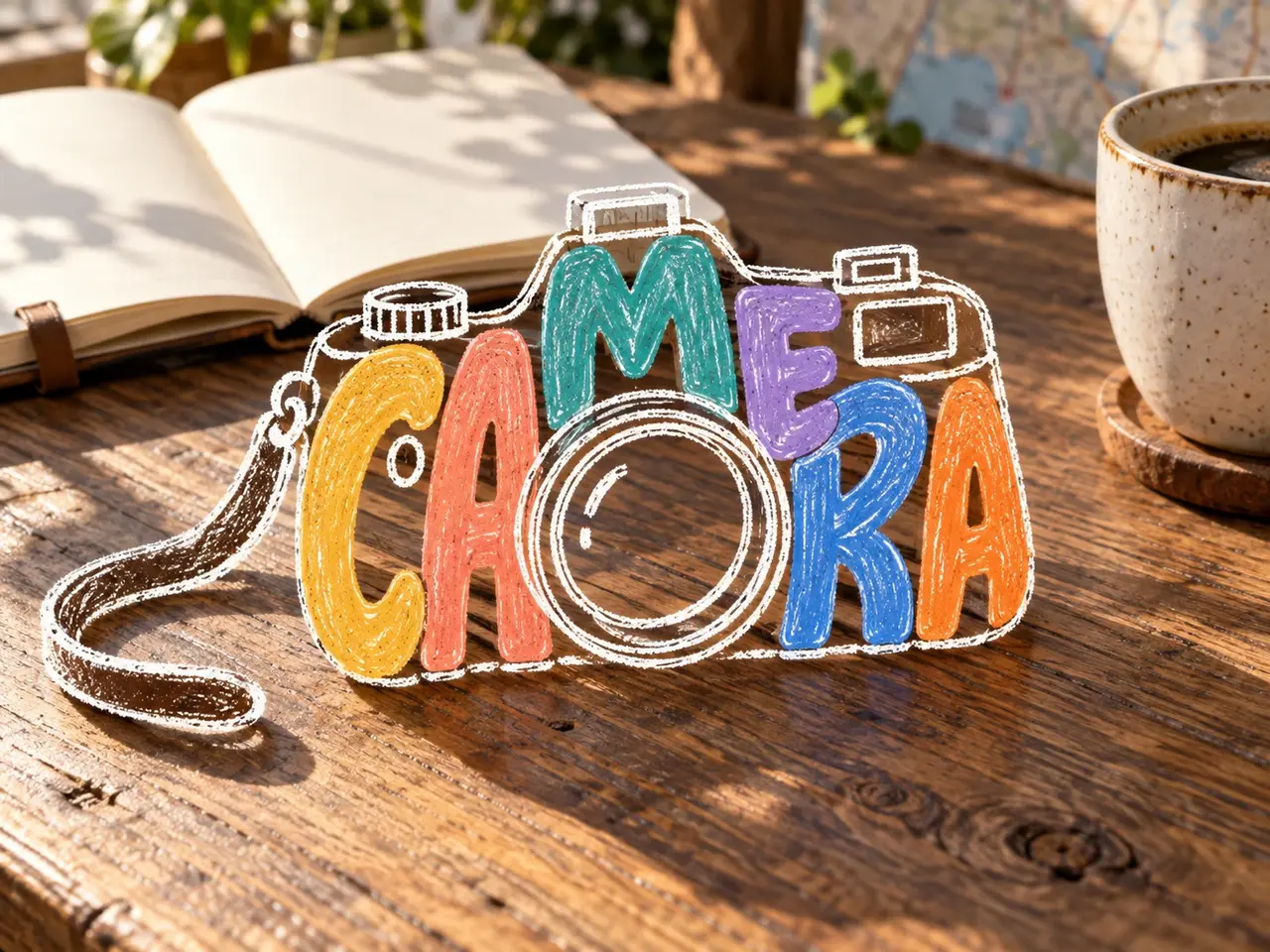 Colorful CAMERA letters forming a camera body on a table, with a lens and strap outlined in white hand-drawn strokes