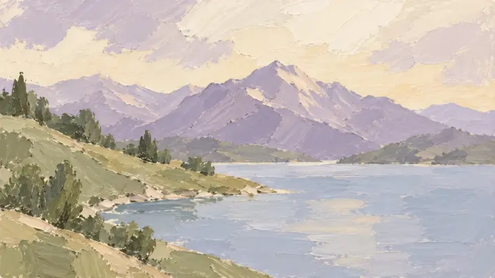 薰衣草紫山峦、鼠尾草绿湖岸与浅蓝湖面的半抽象油画