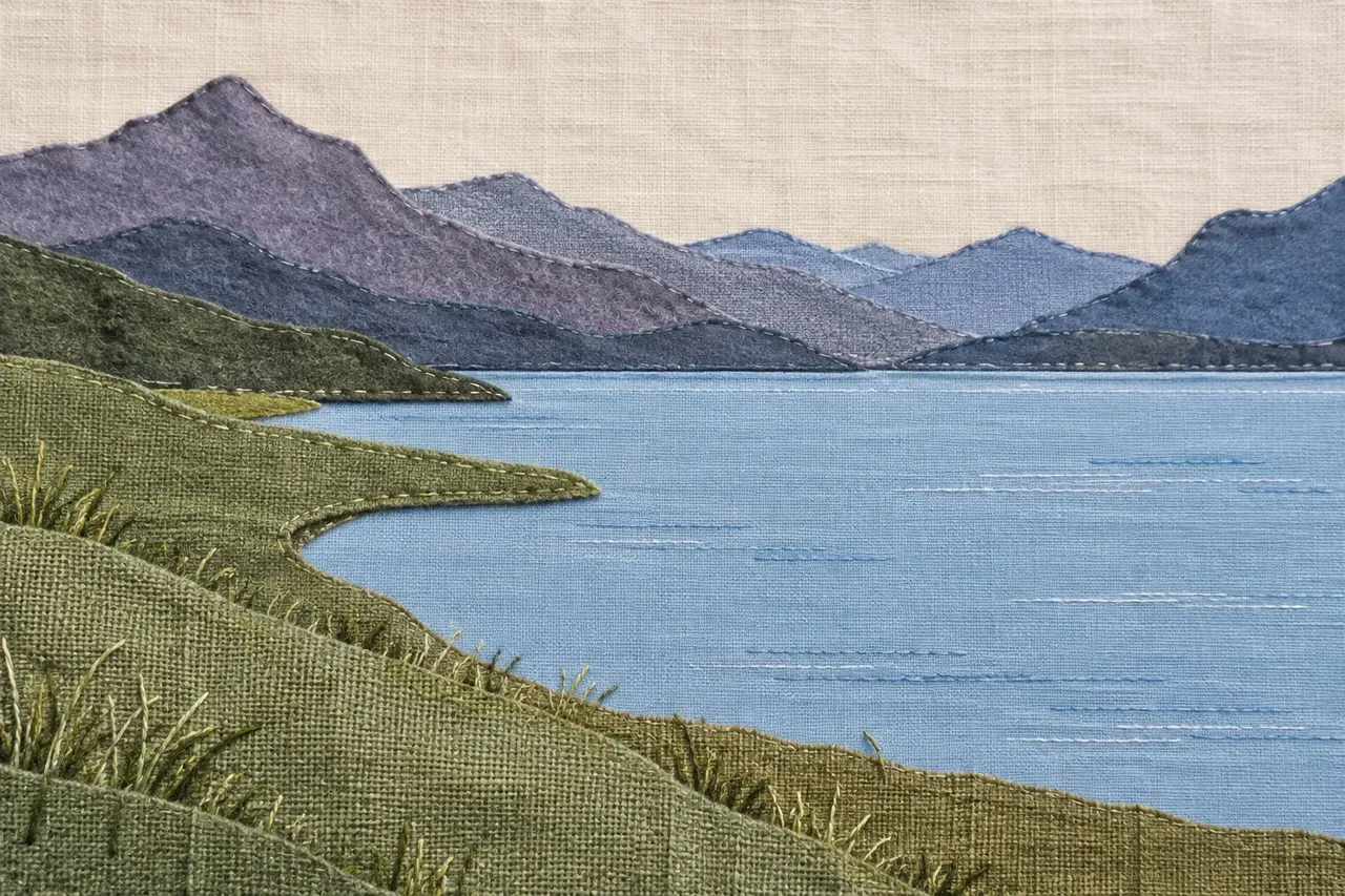 山湖风景的布艺拼贴画，用灰紫毛毡表现远山、浅蓝棉布表现湖面、绿色亚麻表现近岸，并沿接缝保留细针脚