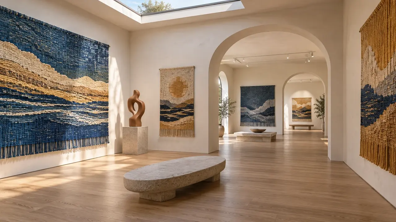Esquisse d’une galerie en ligne : des arches crème relient trois espaces dont les murs accueillent des œuvres textiles bleues et ocres.