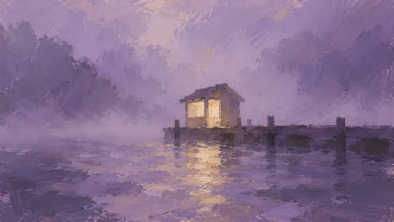 Violettes Ölgemälde einer kleinen Wartehalle im Nebel mit warmgelbem Licht, das sich über das ruhige Wasser spiegelt