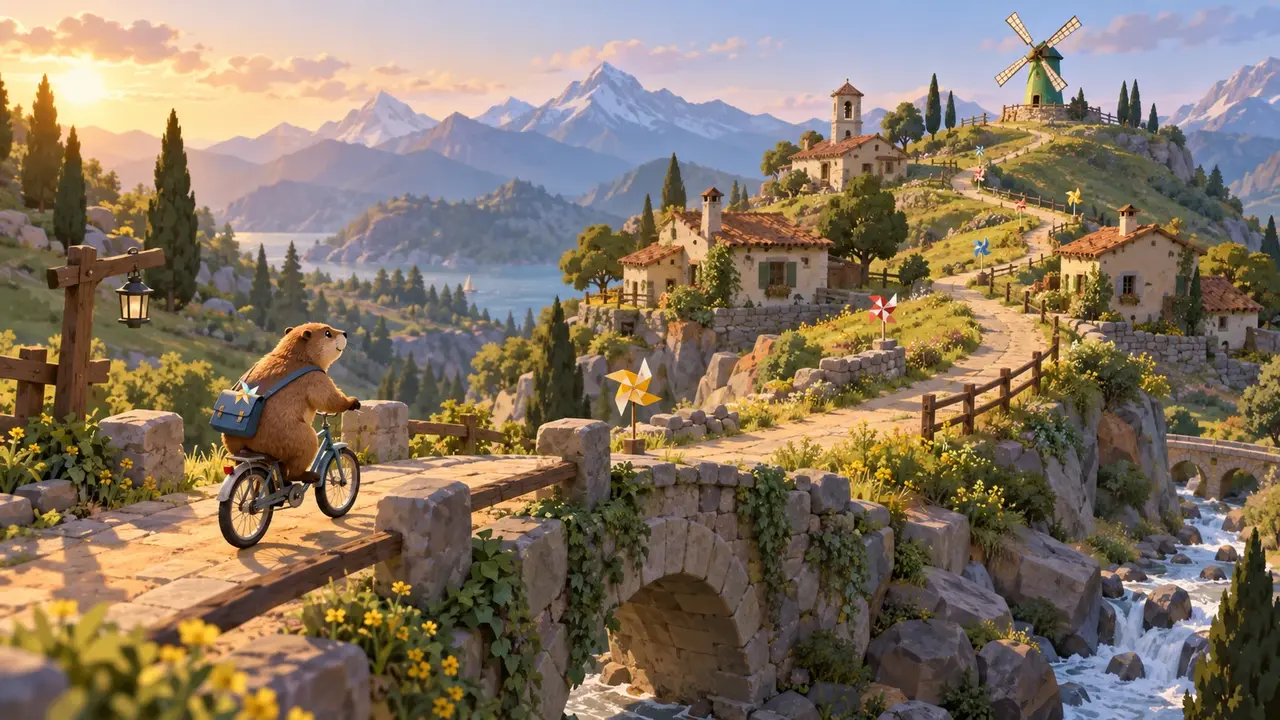 Esquisse stylisée de jeu : une marmotte à vélo ramasse des moulins à vent en papier sur un chemin de village de montagne.