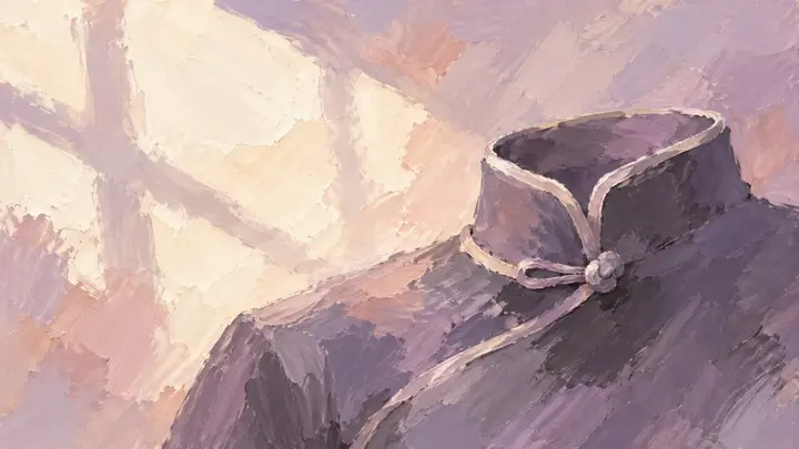 紫灰色立领盘扣与柔暖窗光交汇的半抽象油画