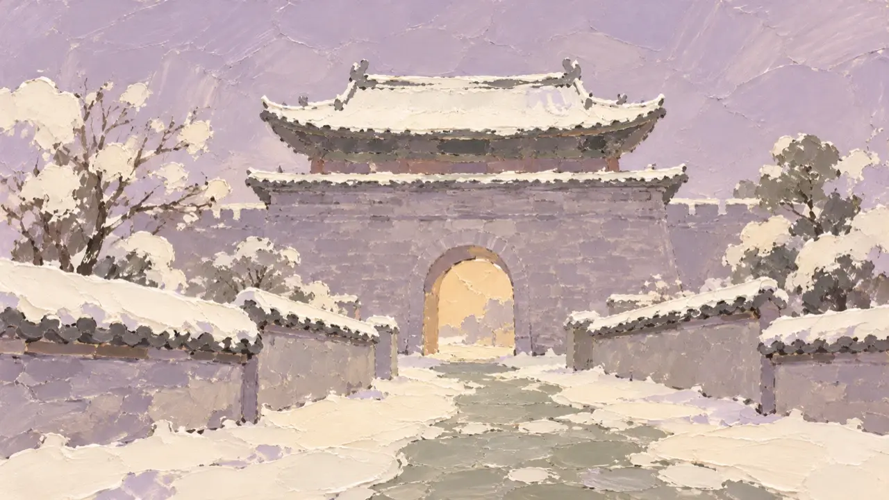 薄雪覆蓋中式城門與街巷,紫灰屋簷和暖色門洞的油畫