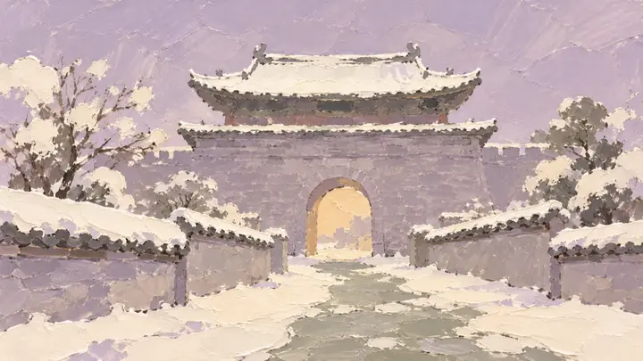 薄雪覆盖中式城门与街巷,紫灰屋檐和暖色门洞的油画
