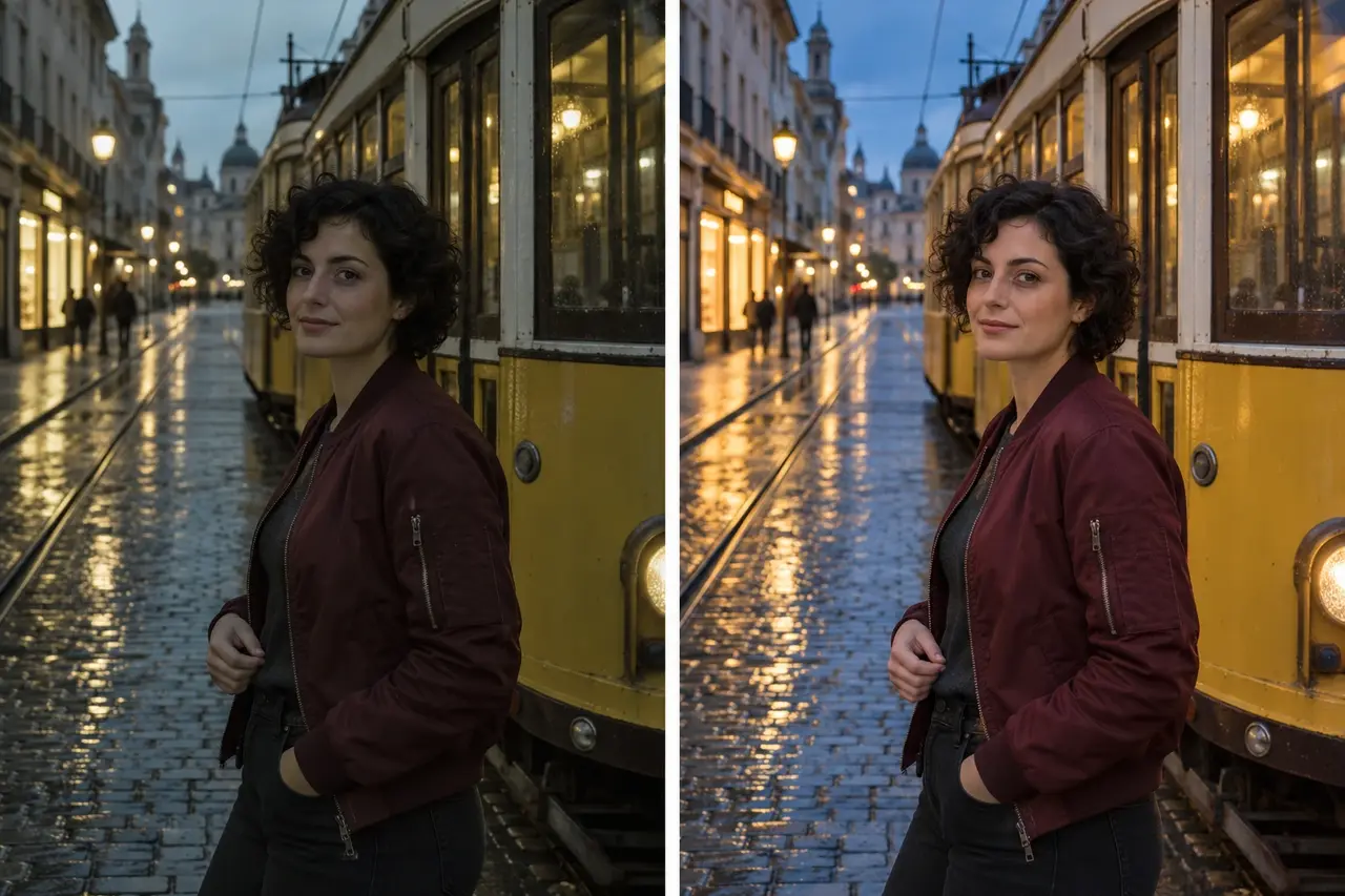 Side-by-side example of adjusting exposure, skin tone, and surrounding colors in a portrait beside a tram after rain