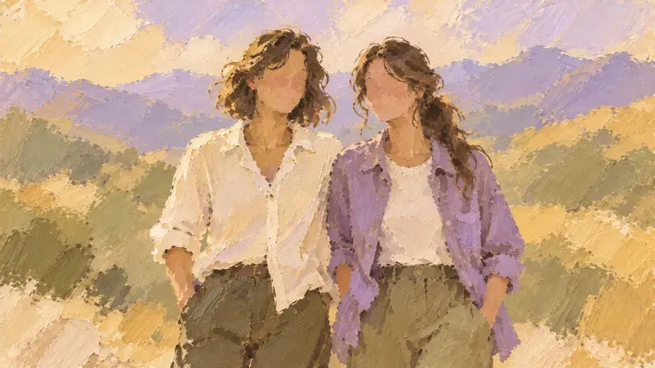 两位穿浅色与紫色衣服的朋友并肩站在秋日光影中的半抽象油画