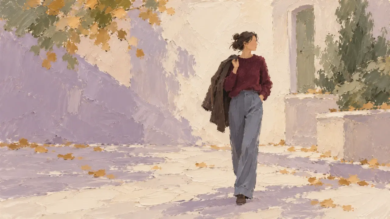 An oil-painted courtyard in lavender and cream, with a figure in burgundy knitwear and blue-gray pants carrying a dark brown jacket over one shoulder