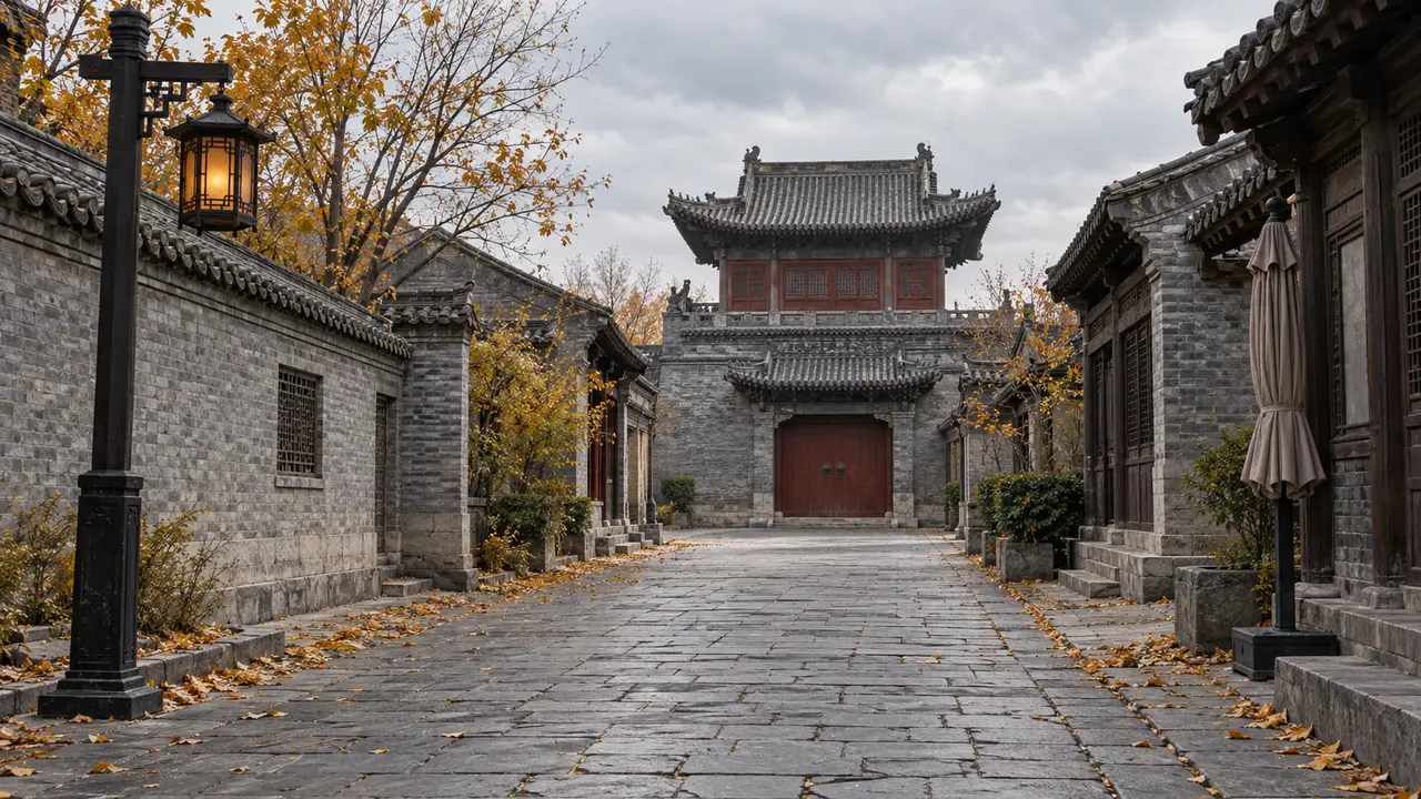 未下雪的古城街景,保留清楚的屋簷、門窗和石板路透視