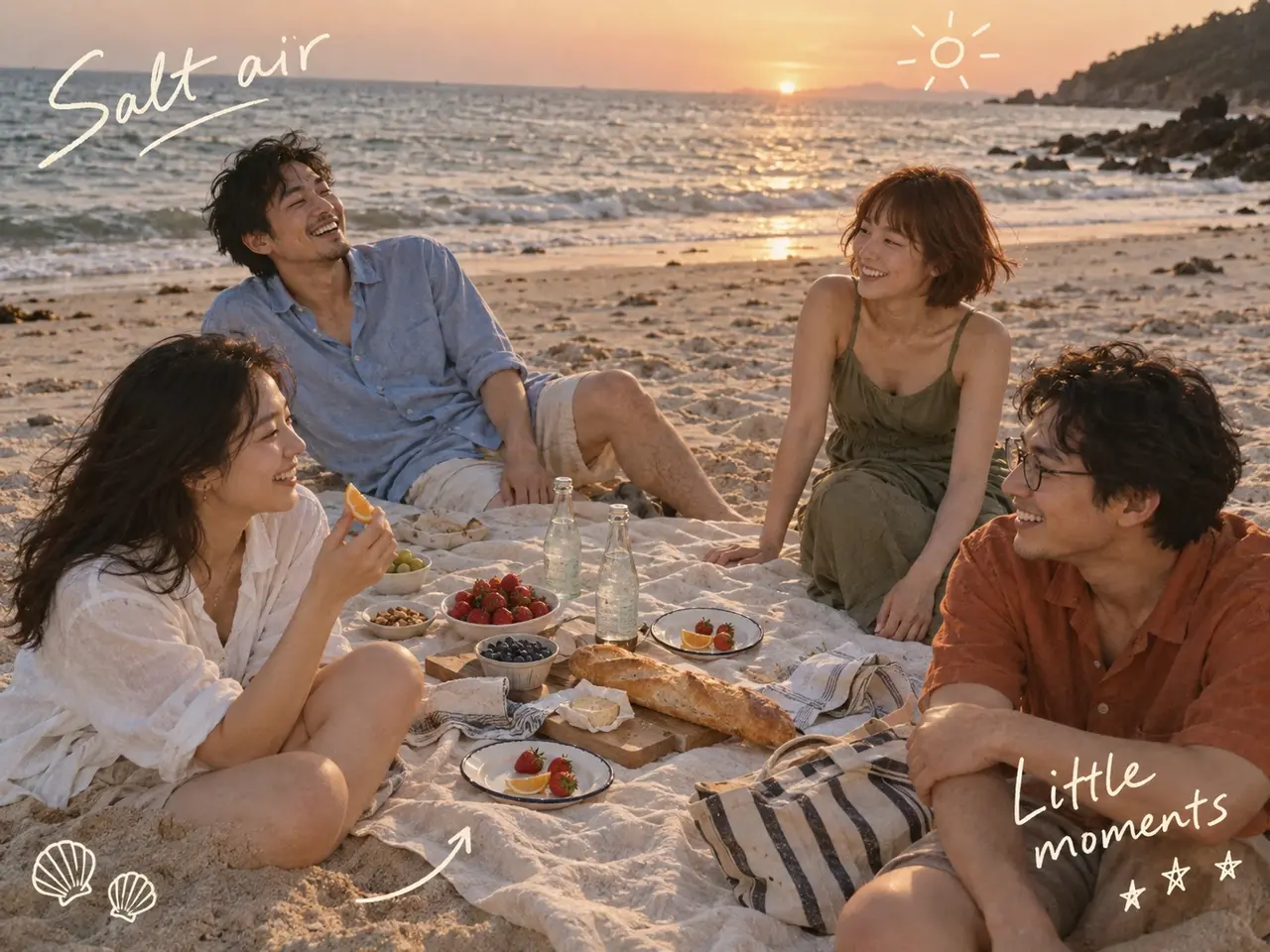 A beach picnic photo of four friends with cream-white handwritten phrases, arrows, and sun and shell doodles