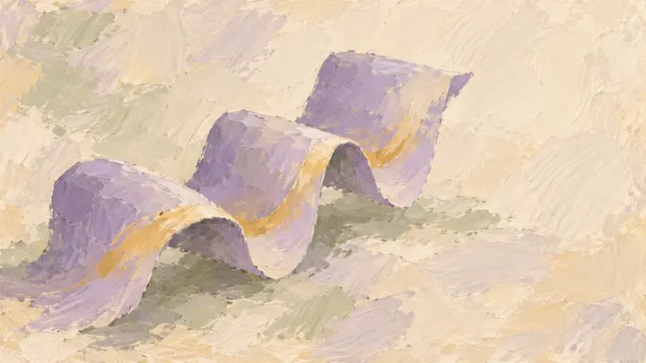Ein hellviolettes Band faltet sich auf cremefarbenem Grund zu drei aufsteigenden Flächen; pastose Ölfarbe stellt geordnete Inhalte dar.