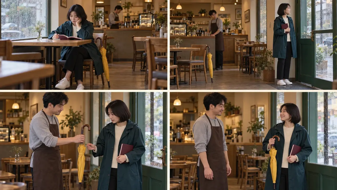 Four-panel rainy café storyboard: the customer writes, leaves a yellow umbrella behind, receives it from the employee, and smiles as she accepts it