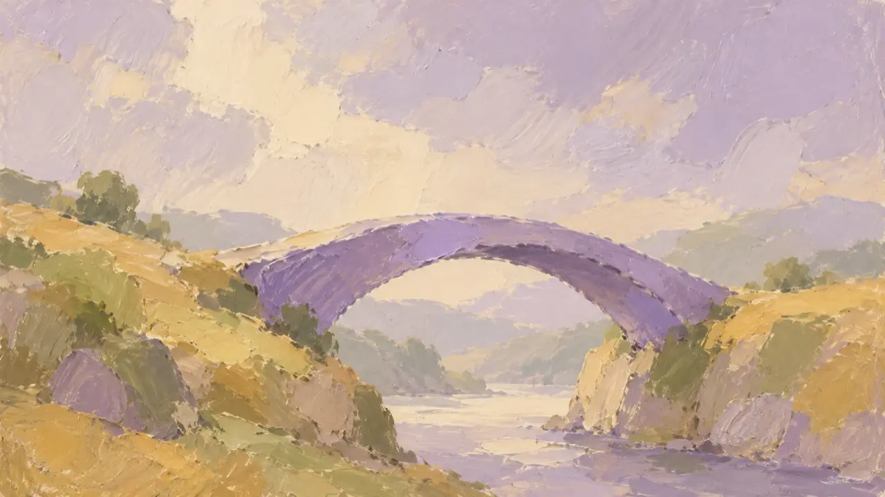 An oil painting of a lavender arched bridge joining two ochre slopes, surrounded by open areas of cream and gray-green