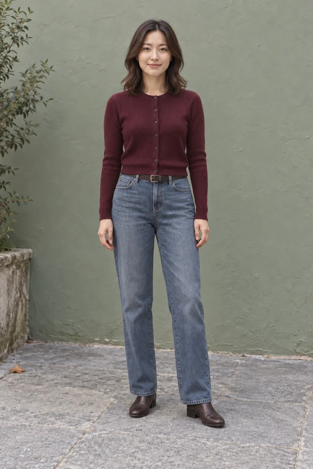 Burgundy cardigan with blue-gray straight-leg jeans and dark brown ankle boots