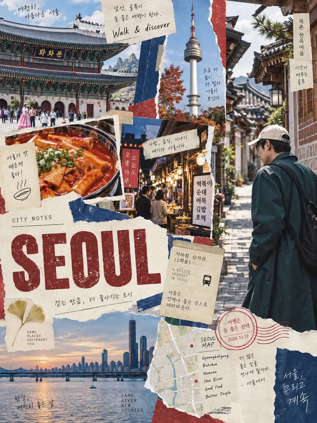 Asymmetrical paper collage poster with large SEOUL lettering, a male traveler on the right, and Seoul landmarks
