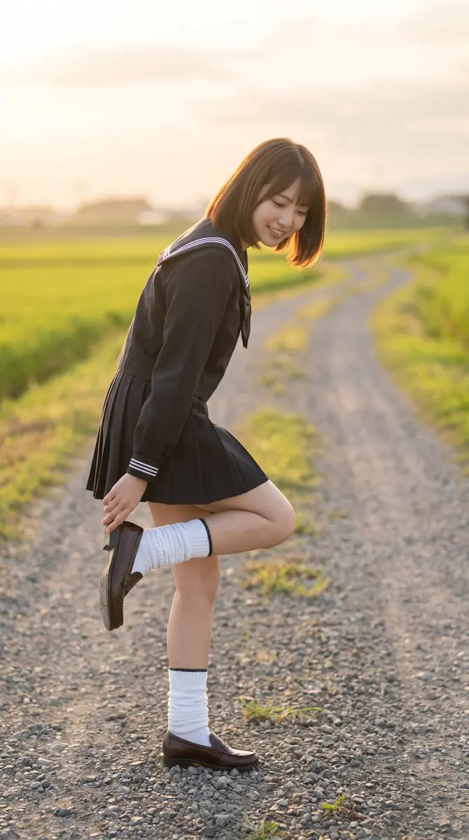 乡间小路上低头看鞋的女孩