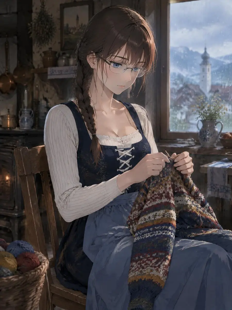 乡村小屋中编织的动漫少女