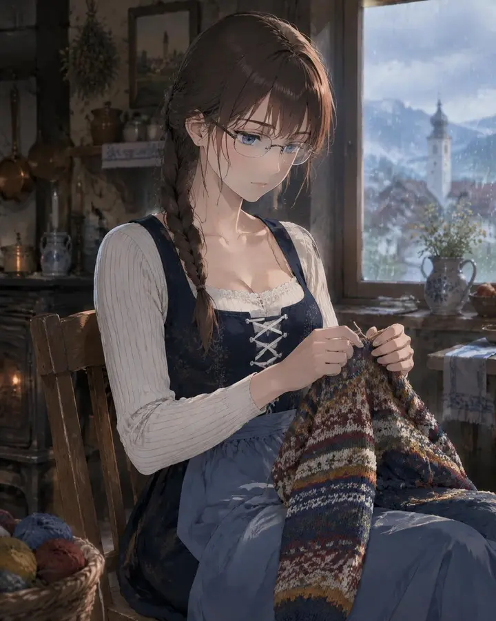 乡村小屋中编织的动漫少女