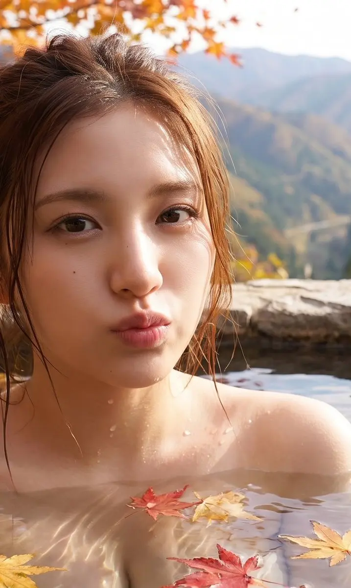秋日枫叶景观中的温泉日本女性