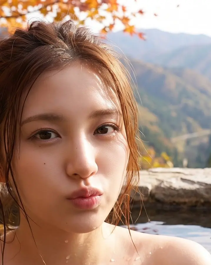 秋日枫叶景观中的温泉日本女性
