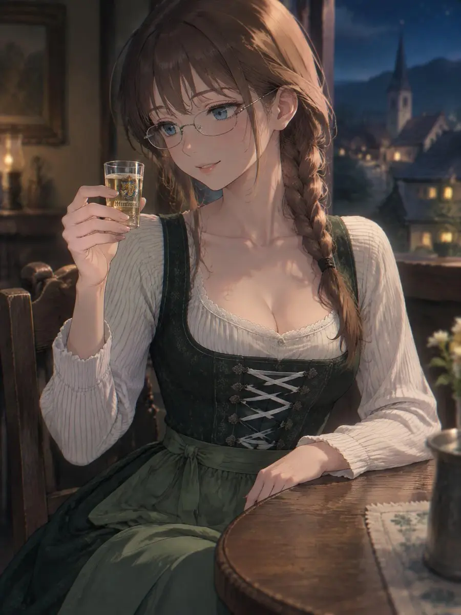 穿传统连衣裙喝啤酒的动漫女孩