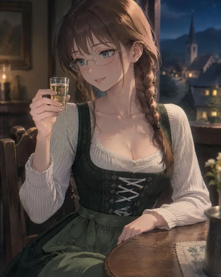穿传统连衣裙喝啤酒的动漫女孩